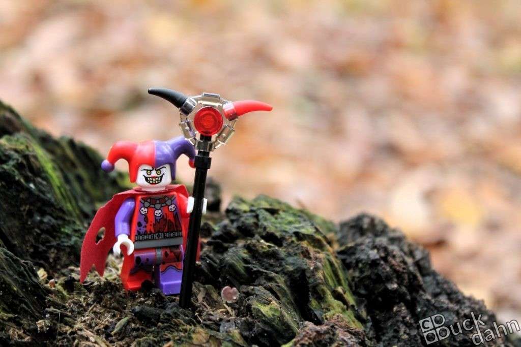 Jester-Minifigur auf einem bemoosten Baumstumpf im Wald